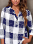 Casual Plaid Autumn Polyester V neck Daily Loose Regular Regular Size Blouse for Women