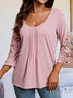 Solid Lace Round Neck 3/4 Sleeves Casual Blouses