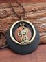 Vintage Wooden Cat Pattern Geometric Pendant Necklace Women Boho Sweater Chain