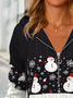 Long sleeve zipper V-neck Hoodie stitched Christmas Snowman elastic Top T-shirt Women