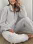 Women Two Piece Plain Thermal Plush Fleece Outfit Set Long Sleeve Half Zipper Pullover Sweatsuit and Pants