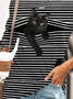 Women Cat Prirted Color Block Stipe Crew Neck Loose Long Sleeve Top