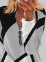 Casual V Neck Color Block Zipper Sweatshirt
