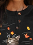 Cute Cat Button Round Neck Casual Sweatshirt