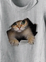 Solid Button Up Crew Neck Casual Cat Cotton And Linen Top