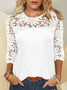 Women Elegant Hollow Out Lace Crew Neck Three Quarter Sleeve Top