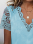 V Neck Casual Regular Fit Plain Lace T-Shirt