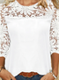 Women Elegant Hollow Out Lace Crew Neck Three Quarter Sleeve Top