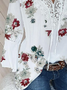 Women Floral Spring Casual Drawstring Lace V Neck Long Sleeve Blouse