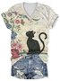 Women Casual Cat and Floral V neck Daily Summer T-shirt
