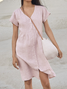 Women Linen Plain Ruched V Neck Pockets Lightweight Summer Dress