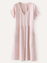 Women Linen Plain Ruched V Neck Pockets Lightweight Summer Dress