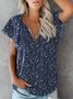 Vacation Floral Ruffled Sleeves Loose V Neck Top
