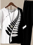 Casual Buttons Leaf Print Colorblock Crew Neck Short Sleeve Shirt and Plain Pants Summer Outfits Two-Piece Sets