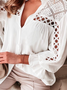 Vacation White Hollow Out Lace V Neck Shirt Collar Boho Blouse