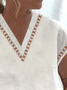 Women Summer V Neck Hollow Out Lace White Cotton And Linen Top