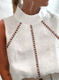 Women Elegant Turtleneck Hollow Out Lace Summer White Sleeveless Linen Tank Top