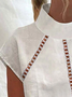 Women  Turtleneck White Hollow Out Lace Short Sleeve Cotton And Linen Top
