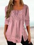 Women Basic Casual Lace Plain Square Neck Button Side Long Sleeve Tunic Top