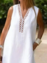 Women V Neck Hollow Out Lace Sleeveless Cotton Linen Vacation White Dress