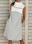 Women Hollow Out Lace Turtleneck Color Block Pockets Loose Sleeveless Cotton And Linen Dress