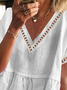 Summer Loose V Neck Hollow Out Lace Short Sleeve Loose Cotton And Linen Tunic Top