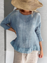 Women Blue Loose Crew Neck Lightweight breathable Three Quarter Sleeve Cotton And Linen Tunic Top