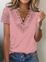 Casual Loose Lace Hollow Out V Neck Plain Summer Short Sleeve T-Shirt