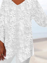 Women Elegant White Floral Lace V Neck Asymmetric Hem Long sleeve Tunic Top