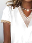 Women Daily Hollow Out Lace V Neck White Short Sleeve Summer T-shirt