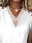 Women Daily Hollow Out Lace V Neck White Short Sleeve Summer T-shirt