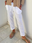 Women Loose Casual Pockets Drawstring Waist White Linen Pants
