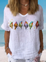 Women Casual Bird Linen Crew Neck Loose Short sleeve Summer T-shirt