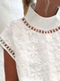Women Elegant Hollow Out Floral Lace Turtleneck Short Sleeve White Linen Top