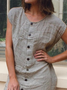 Women Casual Plain Button Loose Short sleeve Crew Neck Summer Linen Dress