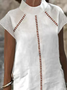 Women Hollow Out Lace Turtleneck Loose Short Sleeve Cotton And Linen Dress