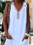 Women Hollow Out Lace V Neck Pockets White Sleeveless Dress