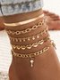 5Pcs Gold Heart Pattern Casual Multilayer Anklet Set Bohemian Vacation Jewelry