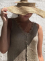 Women Casual V Neck Khaki Summer Sleeveless Breathable Loose Cotton And Linen Dress