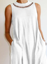 Women Casual Summer Hollow Out Lace Loose Pockets Linen Sleeveless White Dress