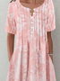 Women Casual Crew Neck Floral Loose Ruched Buttoned Short sleeve Pink Dress