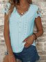 Women Casual Plain Loose V Neck Lace Button Short Sleeve Summer T-Shirt