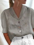 Women Plain Elegant Button Down Collar Loose Short Sleeve Linen Blouse