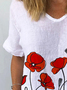 Women Floral V Neck Cotton And Linen Short Sleeve T-shirt