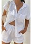 Shawl Collar Buttoned Casual Plain Two-Piece Set