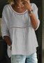 Women Crew Neck Hollow Out Casual Three Quarter Sleeve White Linen Tunic Top