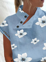 Women Casual Floral Half Open Collar Button Hollow Out Lace Short Sleeve T-shirt