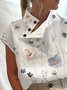 Women Floral Casual Half Open Collar Button Loose Short Sleeve Blouse