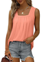 Women Simple Plain Pleated Square Neck Sleeveless Tops Curved Hem Flowy Summer Tank Top