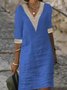 Women V Neck Hollow Out Lace Casual Plain Half Sleeve Cotton Linen Dress